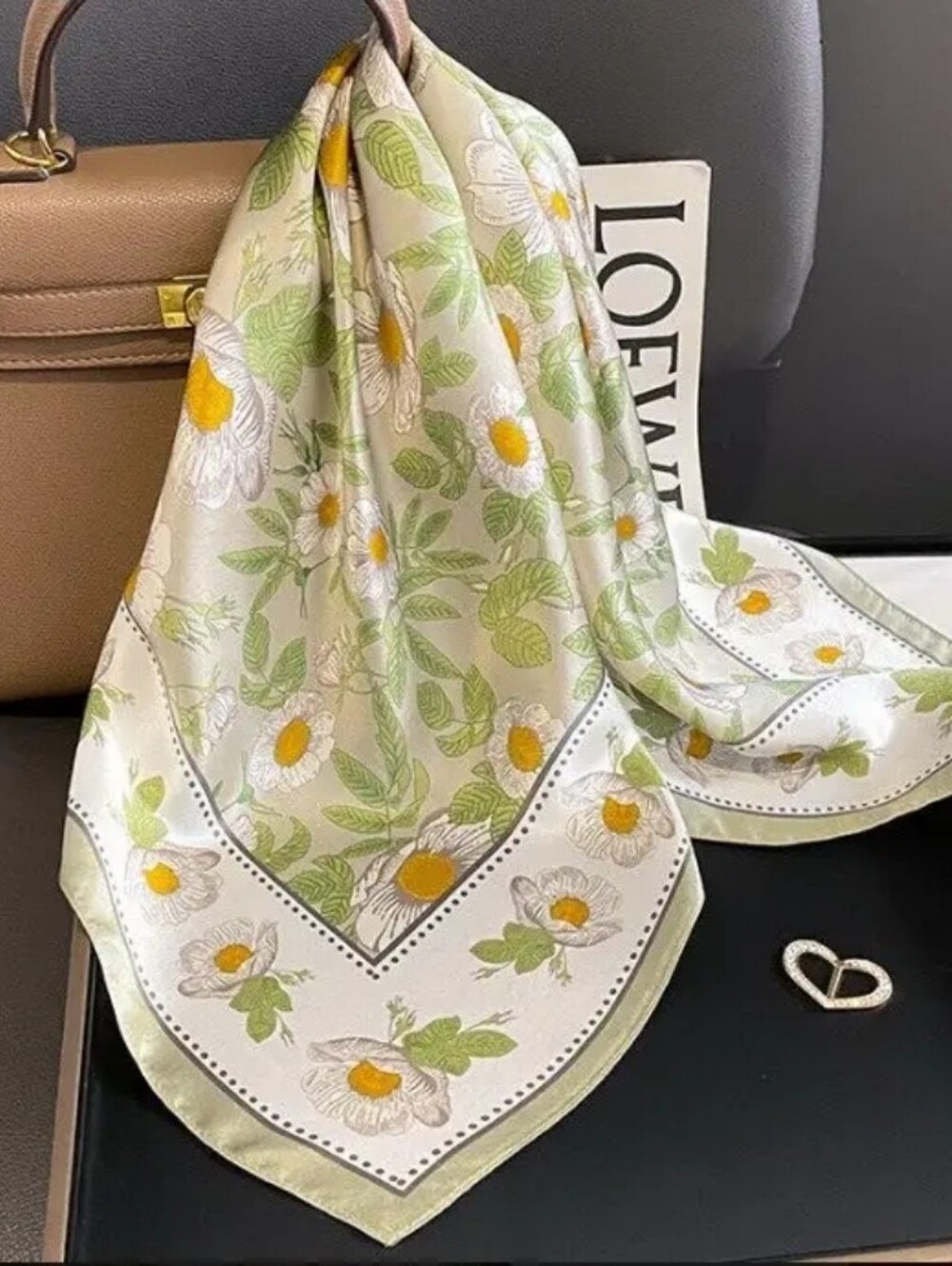 Cream Silk Scarf with Green Leaves and Yellow Daisies